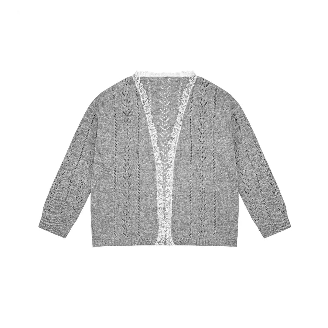 AsGony Lace Edge Hollow Cutting Knit Cardigan Gray