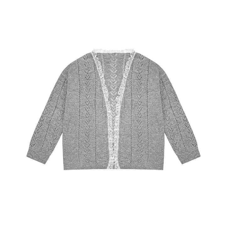 AsGony Lace Edge Hollow Cutting Knit Cardigan Gray