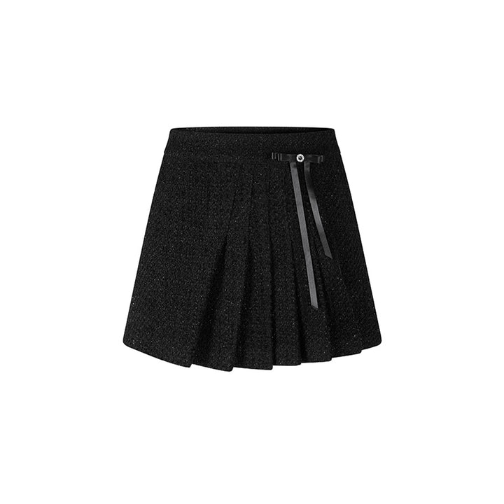 Herlian Detachable Bow Irregular Pleated Skirt Black