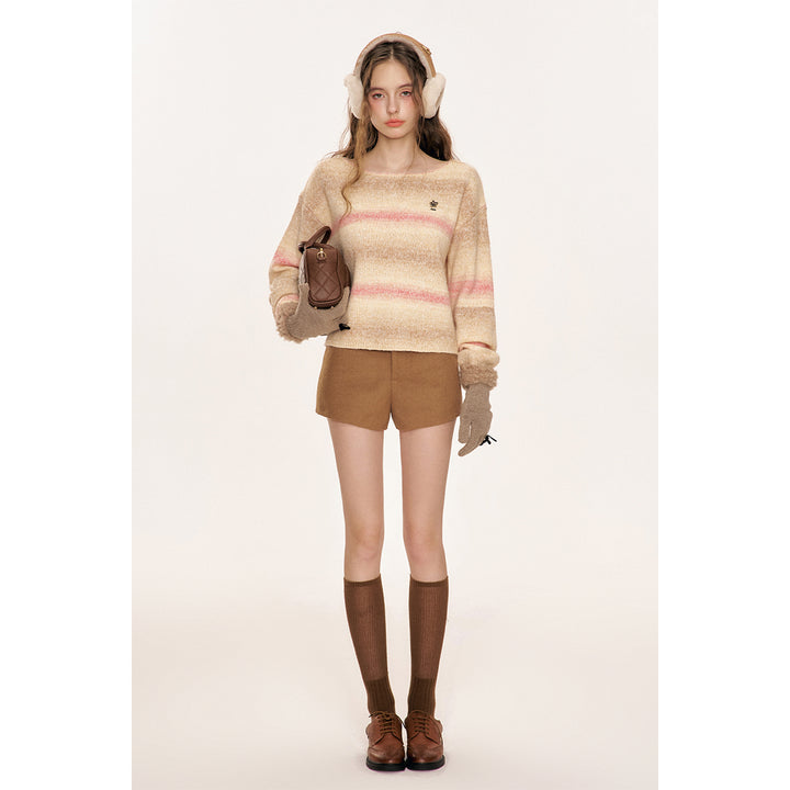 Kroche High Waist Woolen Tweed Shorts Brown