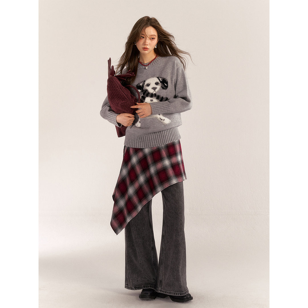 AsGony Retro Irregular Plaid Skirt Red