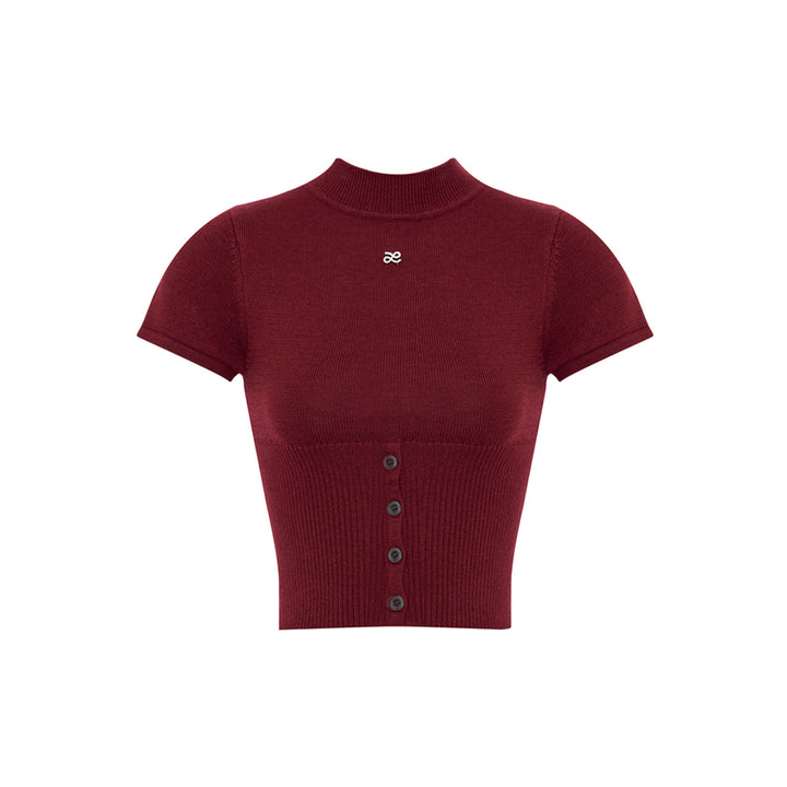 Liilou Merino Woolen Half High Collar Slim Knit Top Wine Red