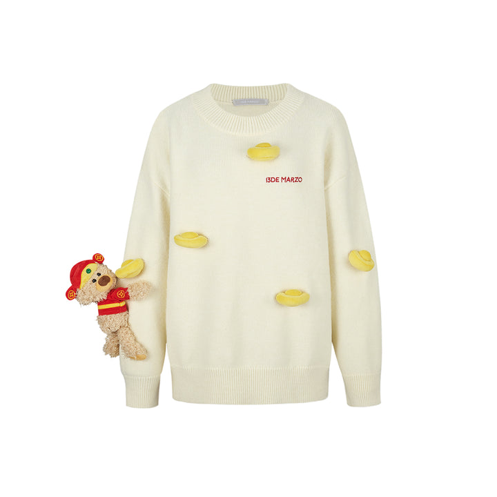 13De Marzo Luminous Golden Ingot Plush Bear Knit Sweater Beige