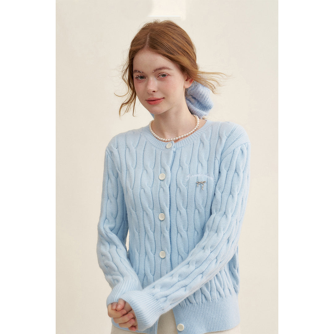 Kroche Blended Woolen Bow Embroidery Twist Cardigan Blue