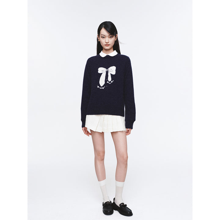 Herlian Contrast Color Bow Knitted Sweater Navy Blue