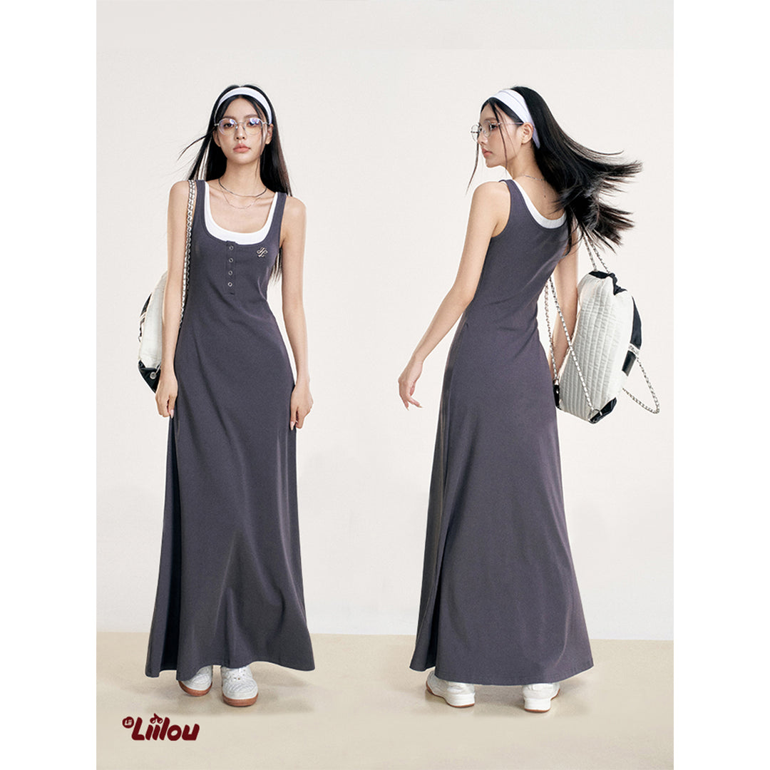 Liilou Fake-2-Piece Contrast Color Patchwork Long Dress