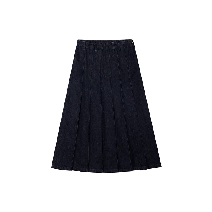 SomeSowe Pleated Denim Long Skirt Navy Blue