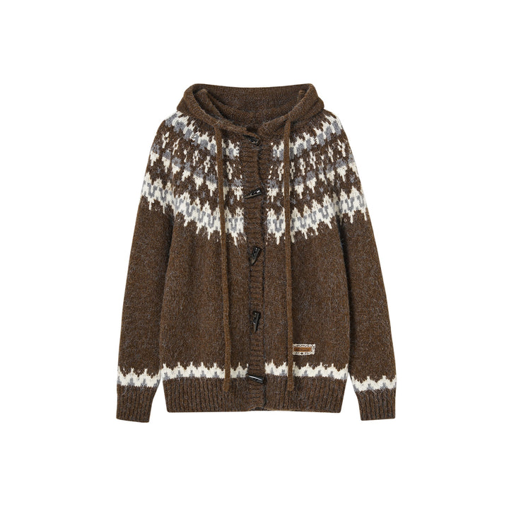 SomeSowe Fair Isle Hooded Knit Cardigan Brown