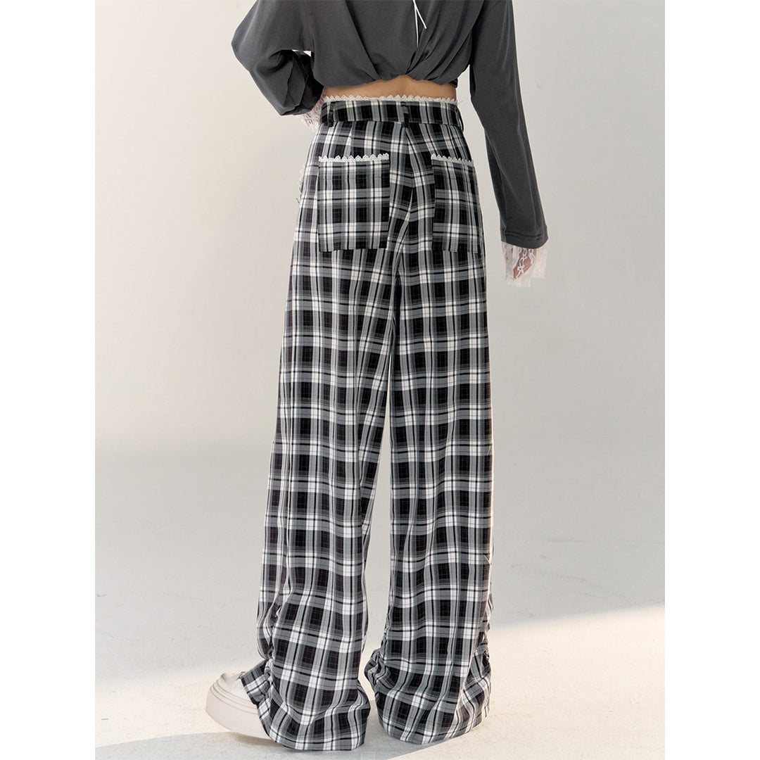 AsGony Lace Edge Plaid Casual Straight-Leg Pants Black