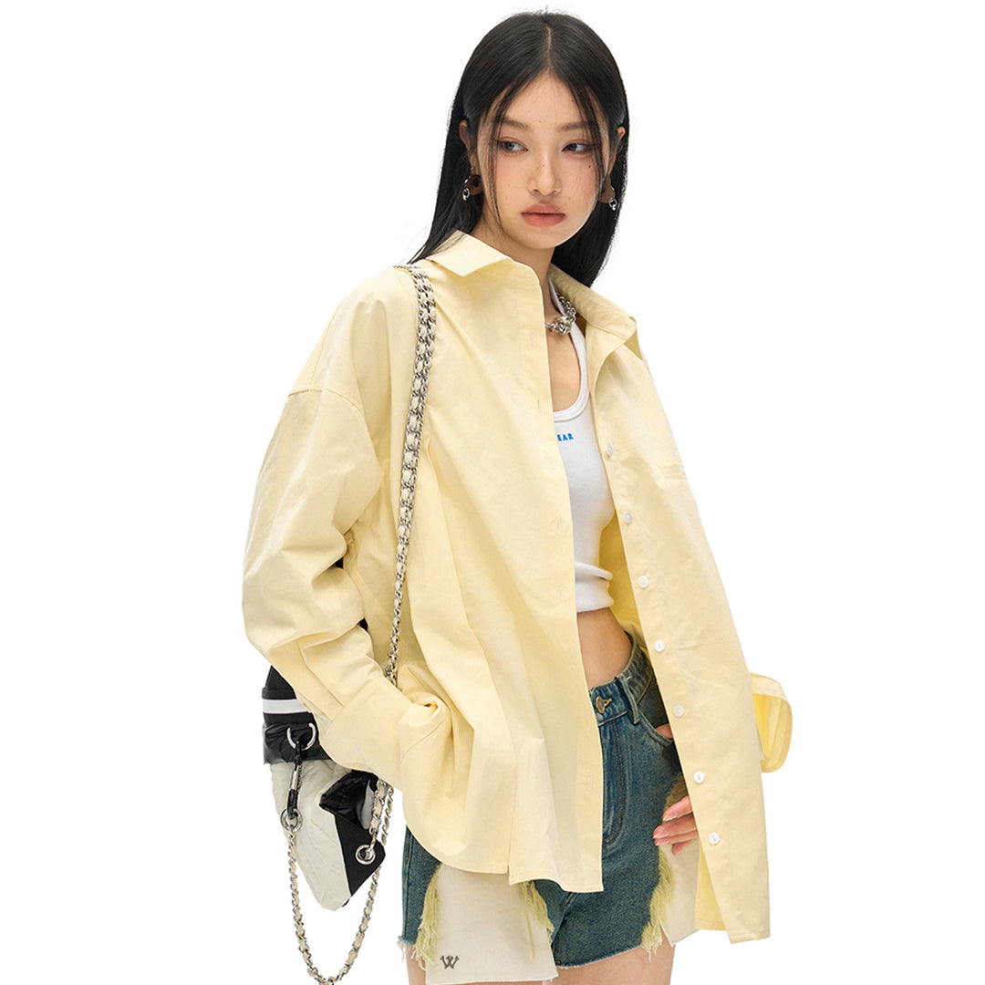 NotAwear Logo Embroidery Casual Oversized Shirt Yellow - Mores Studio