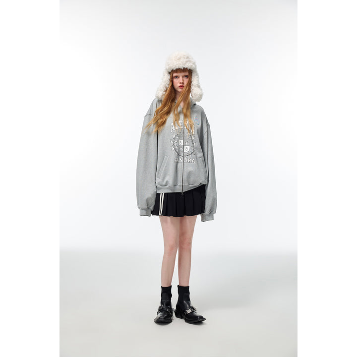 Alexia Sandra Printed Drop Shoulder Zip Up Hoodie Grey - Mores Studio