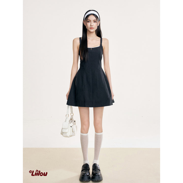 Liilou Contrast Color Lace Backless Slip Dress Black
