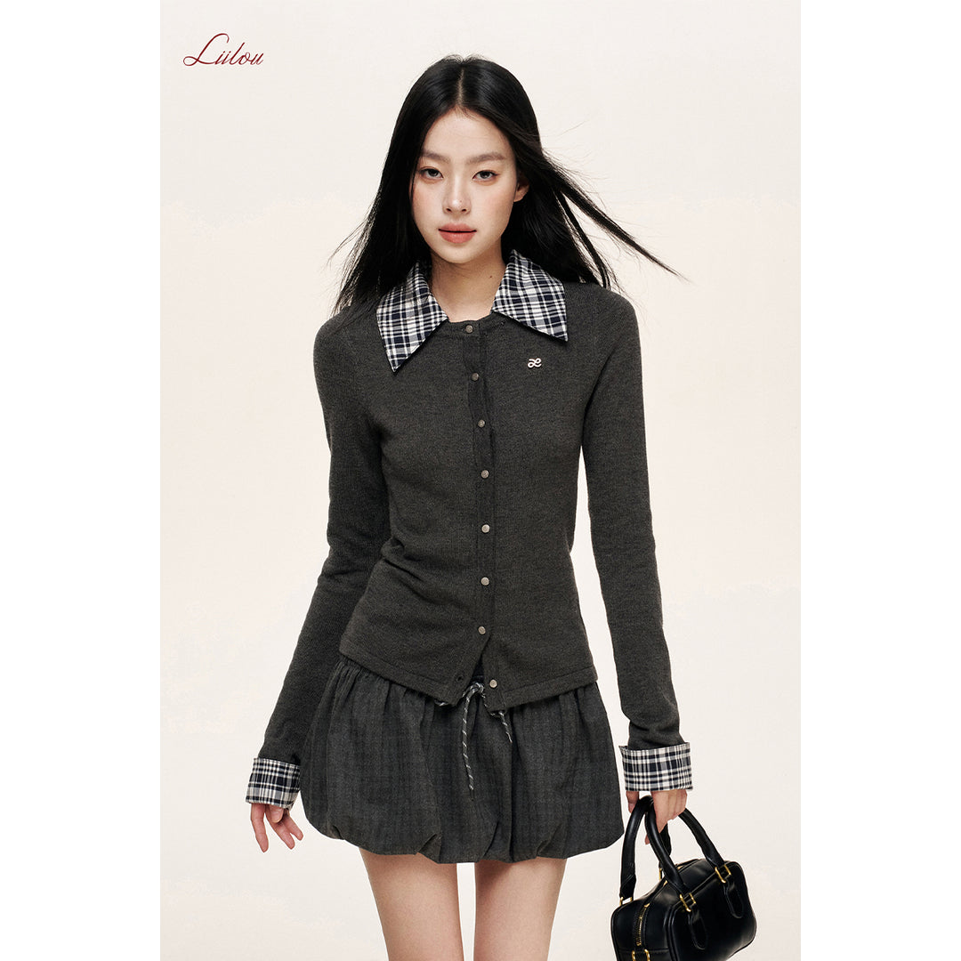 Liilou Lace Up High Waist Tweed Bud Skirt Gray