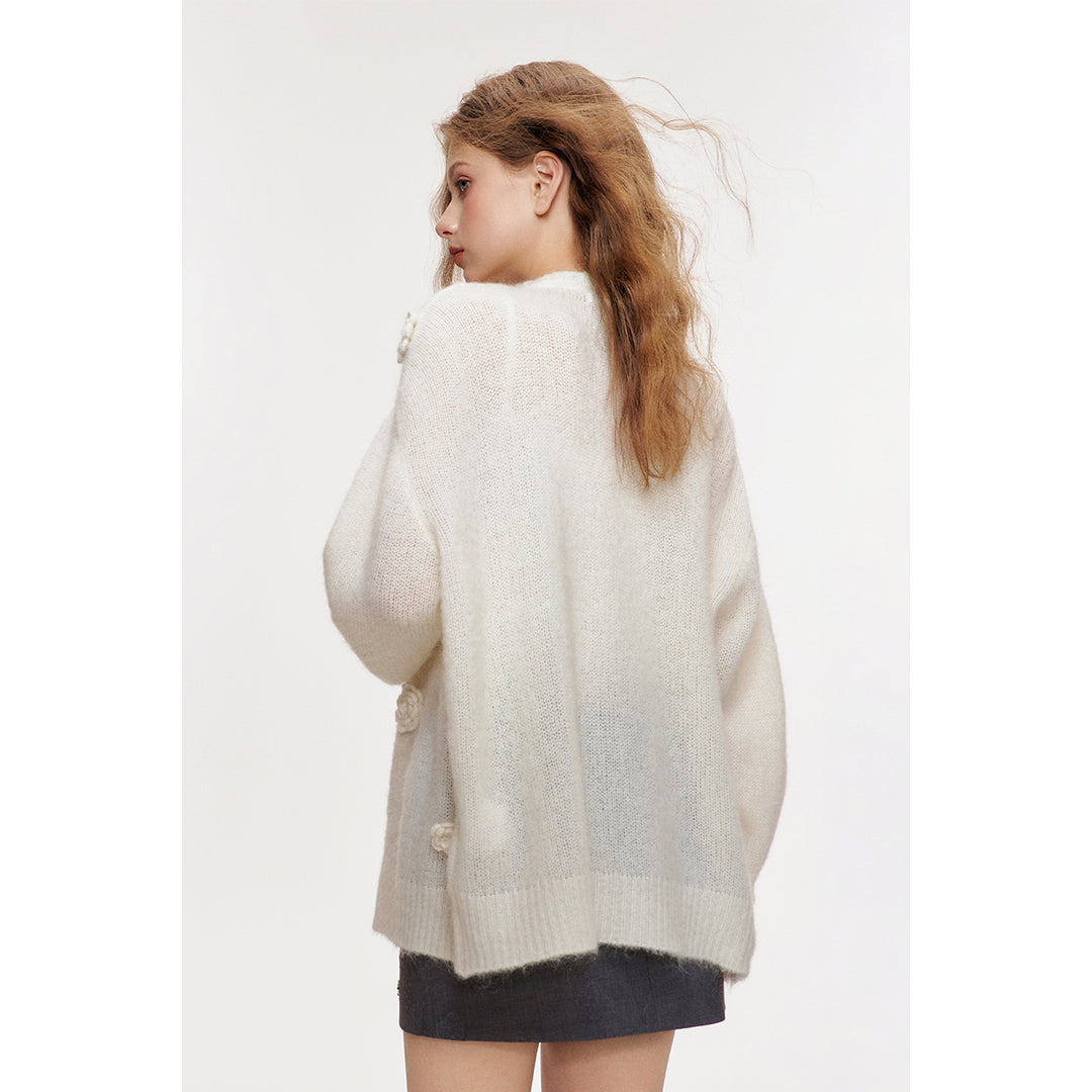 Kroche Rose Crochet Woolen Knitted Cardigan White