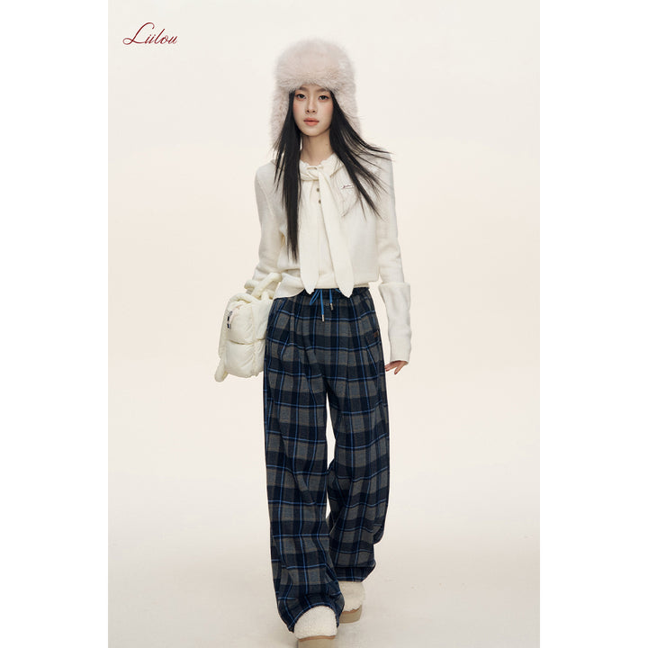 Liilou Contrast Color Plaid Tweed Thicken Casual Pants