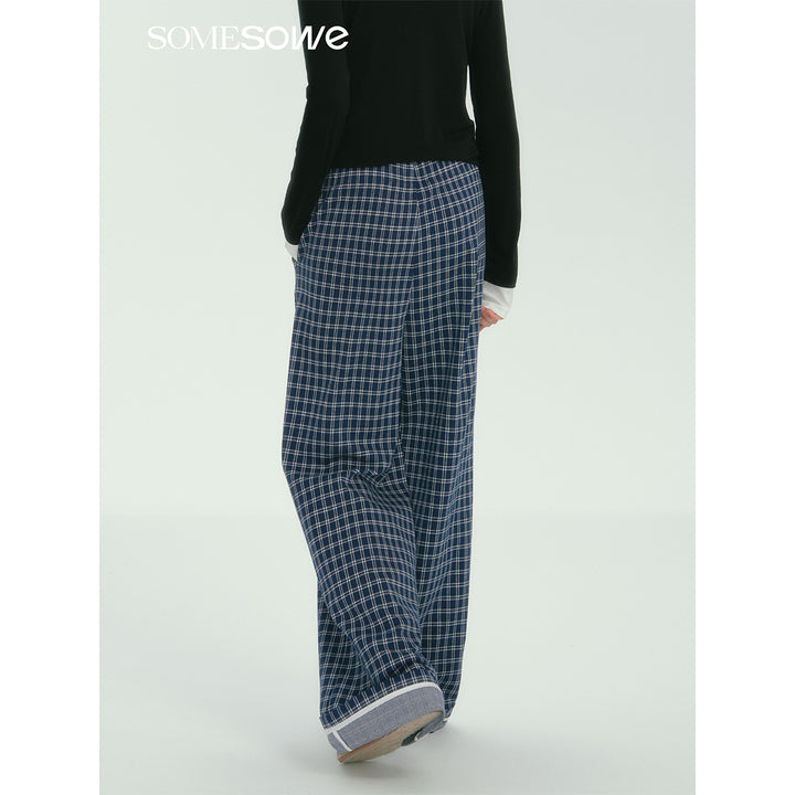 SomeSowe Plaid Drawstring Wide-Leg Pants Blue