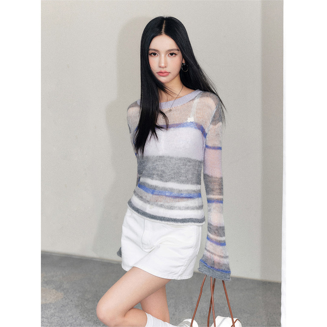 Liilou Striped Contrast Bootcut Knitted Top