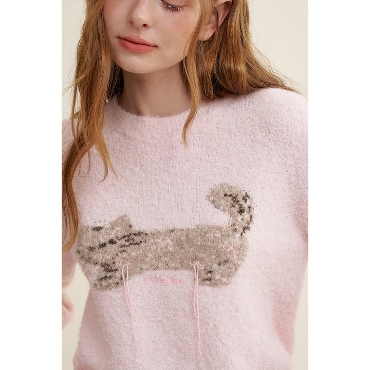 Kroche Cat Jacquard Woolen Knit Sweater Pink