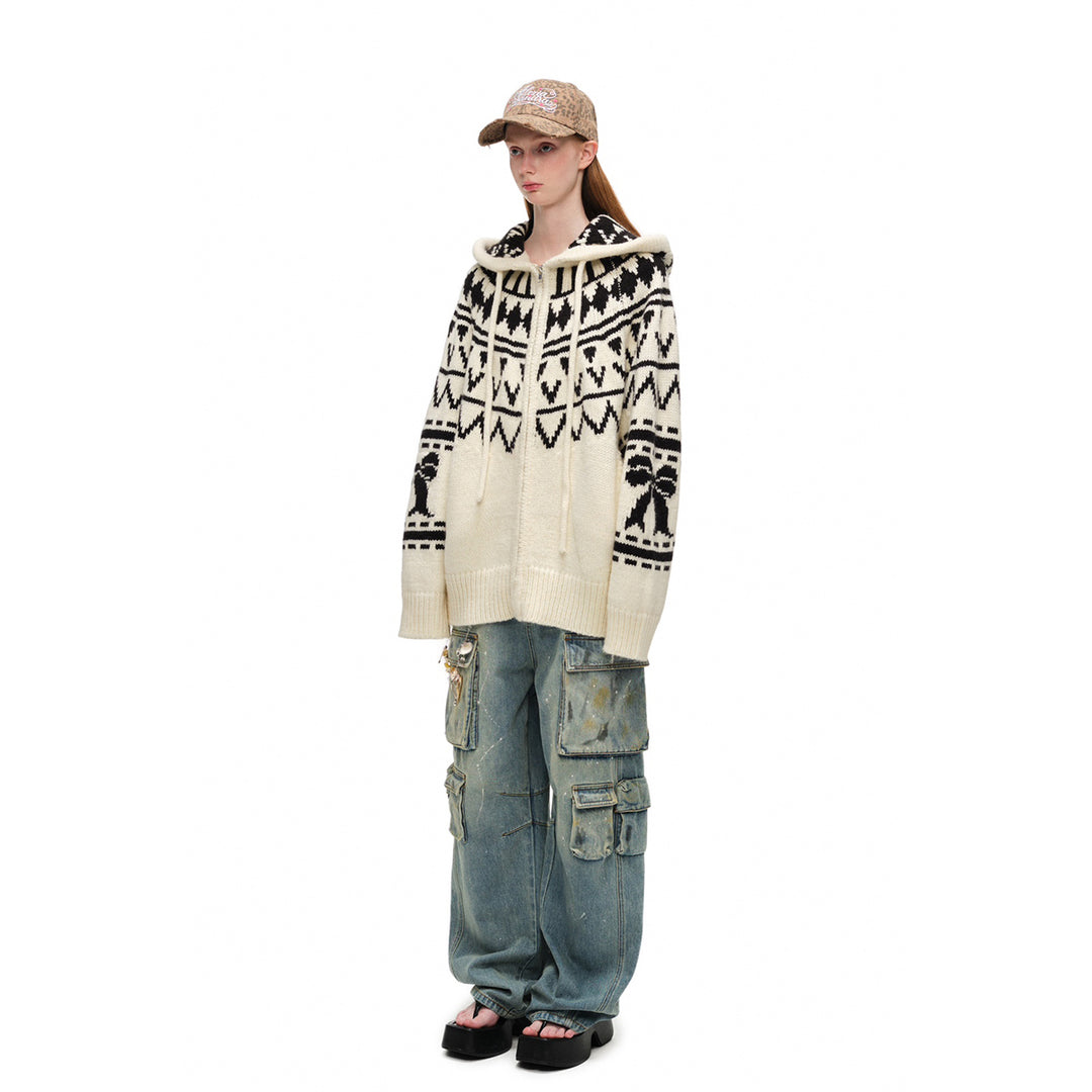 Alexia Sandra Fair Isle Bow Hooded Woolen Zipper Cardigan