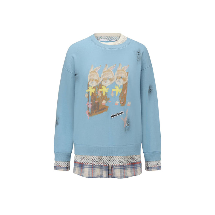 Alexia Sandra Three Rabbit Printed Fake-2-Piece Distressed Sweater Blue