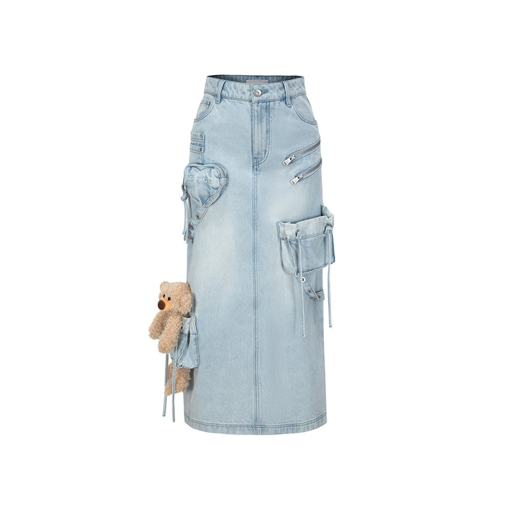 13De Marzo Bear Zipper Denim Cargo Long Skirt Light Blue