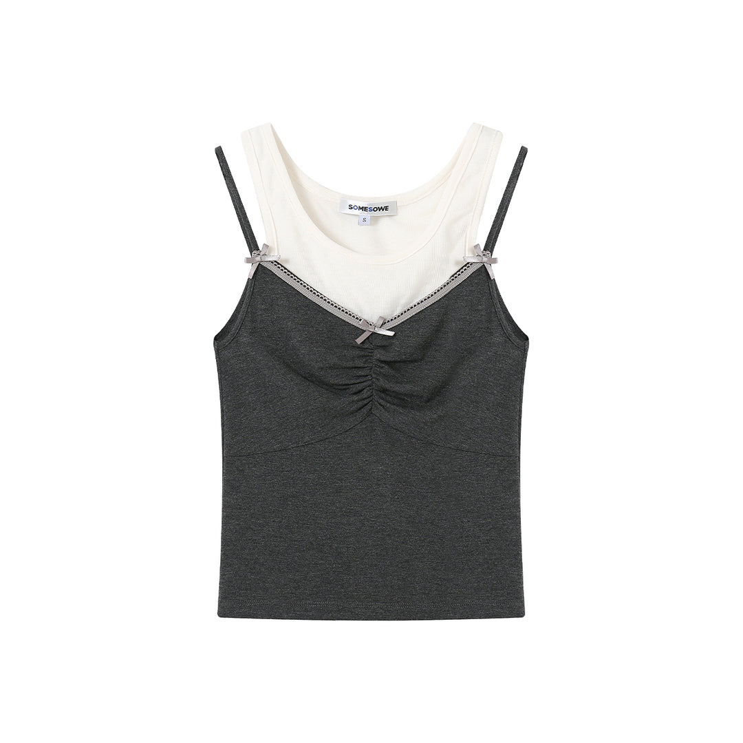 SomeSowe Contrast Color Layered Pleated Vest Top Gray