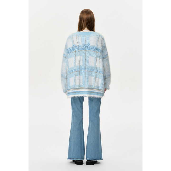 13De Marzo Bear Button Plaid Knit Cardigan Blue