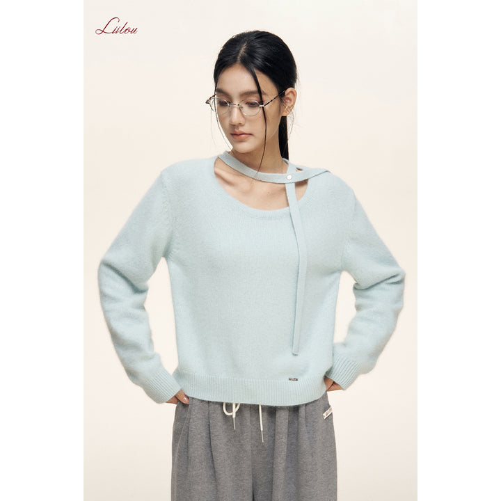 Liilou Halter Lace Up Long Sleeved Knit Sweater Blue