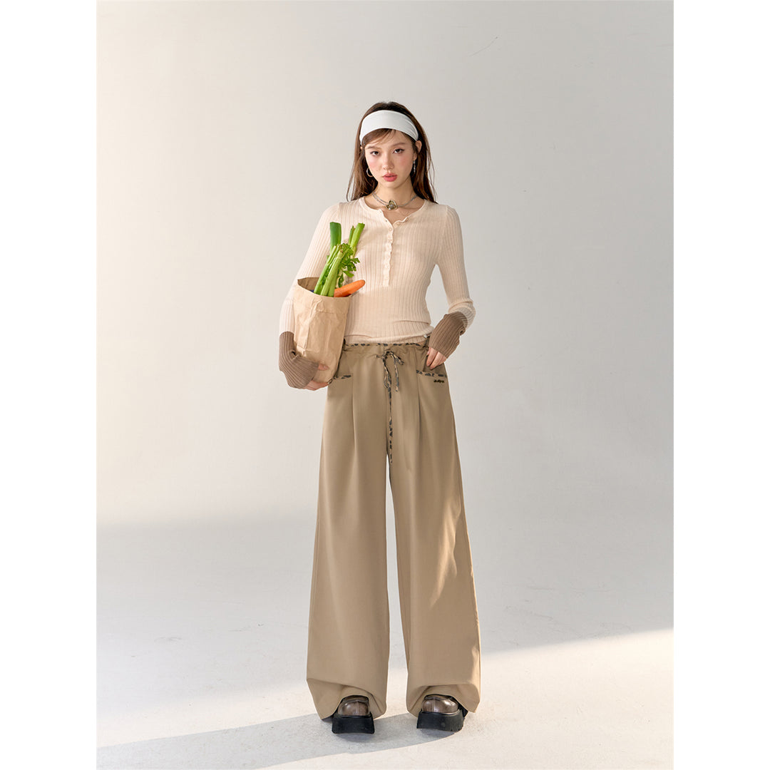 AsGony Leopard Elastic Drawstring Wide-Leg Pants