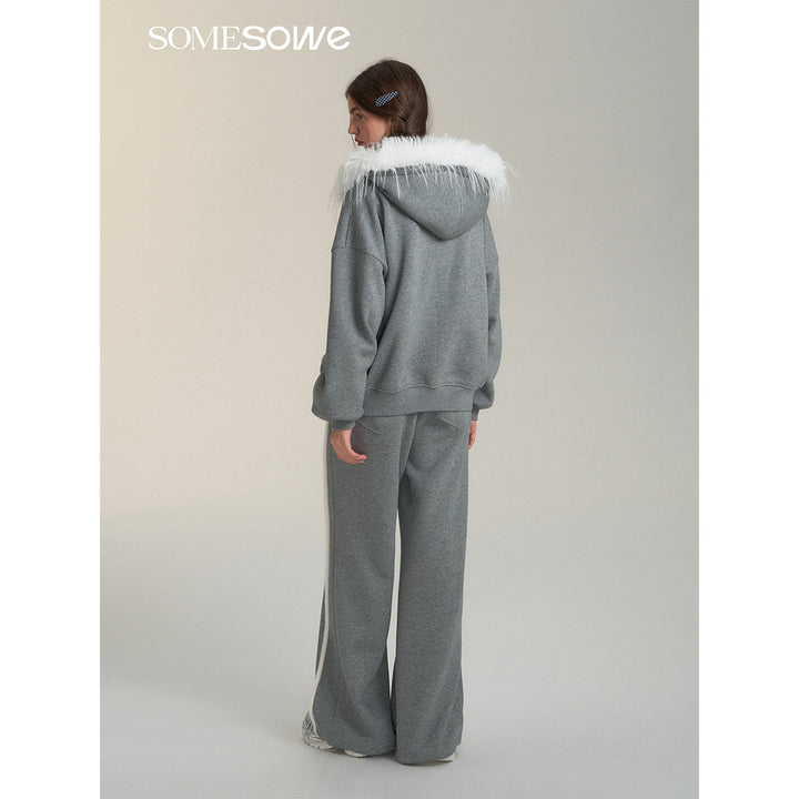 SomeSowe Detachable Fur Collar Hooded Top Jacket Gray