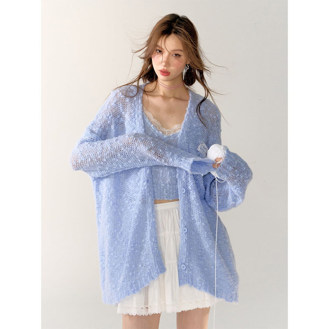 AsGony Lace Patchwork Knit Slip Vest Blue