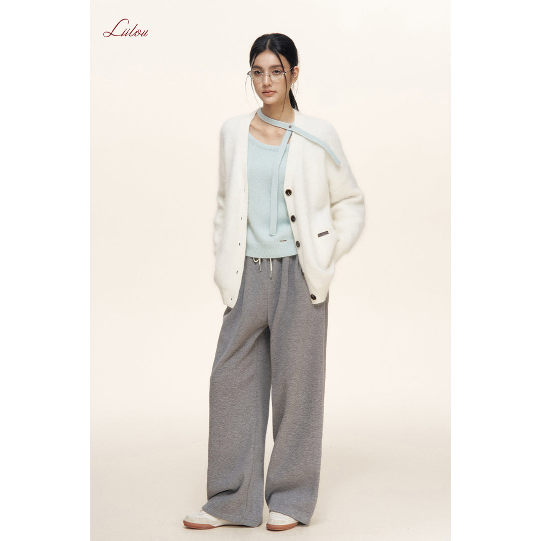 Liilou Elastic-Waist Brushed Wide-Leg Casual Pants Gray