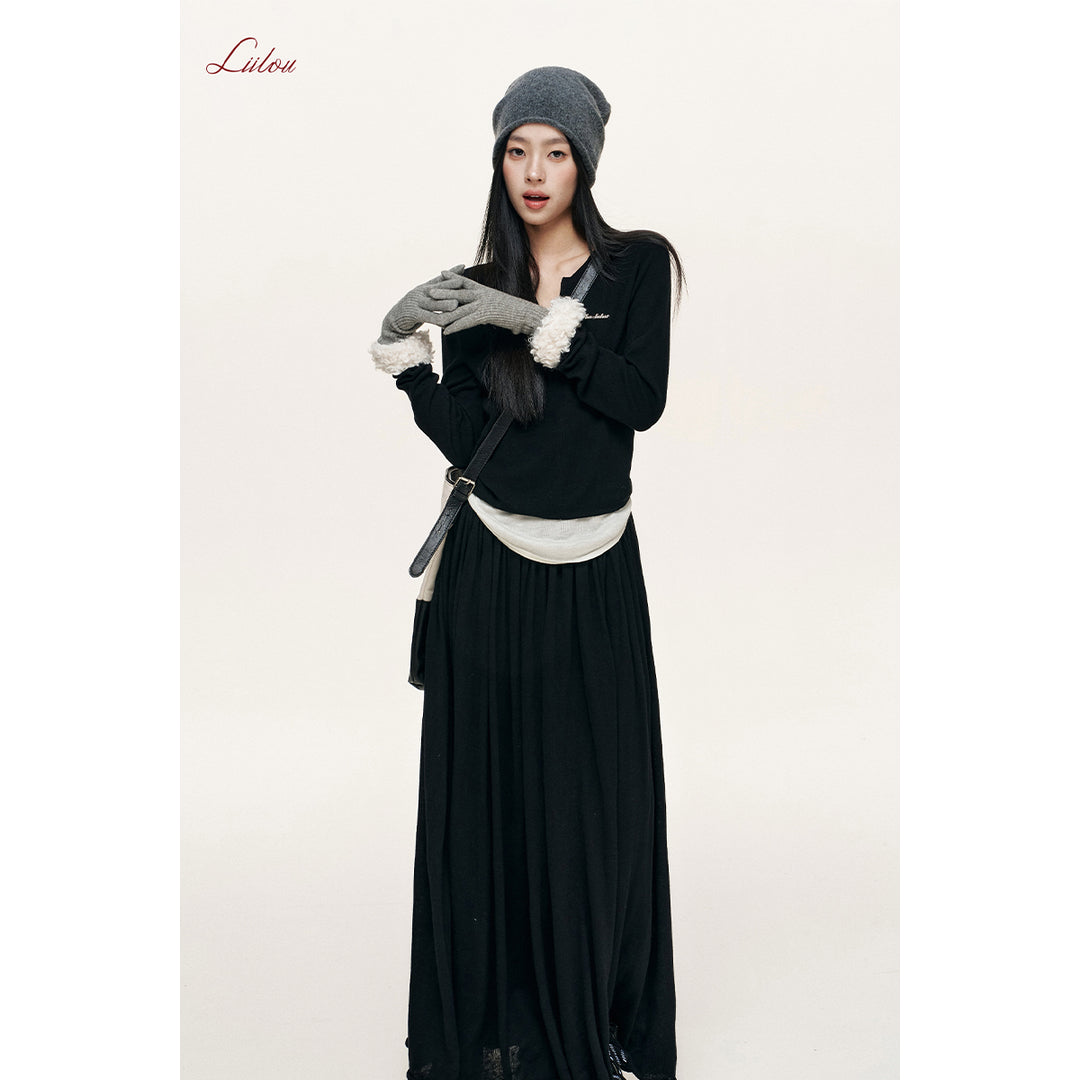 Liilou Draped Elastic-Waist Woolen A-Line Long Skirt Black