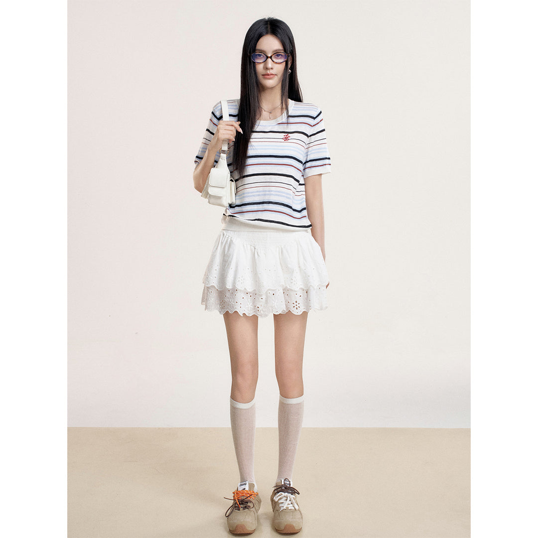 Liilou Silk Woolen Striped Knit Top Blue