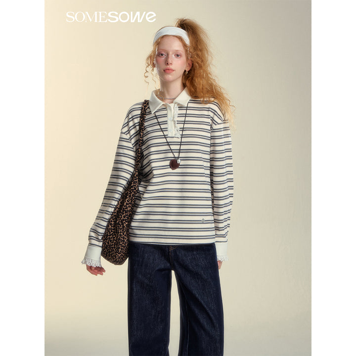 SomeSowe Lace Edge Striped Long Sleeve Polo Top Black/White