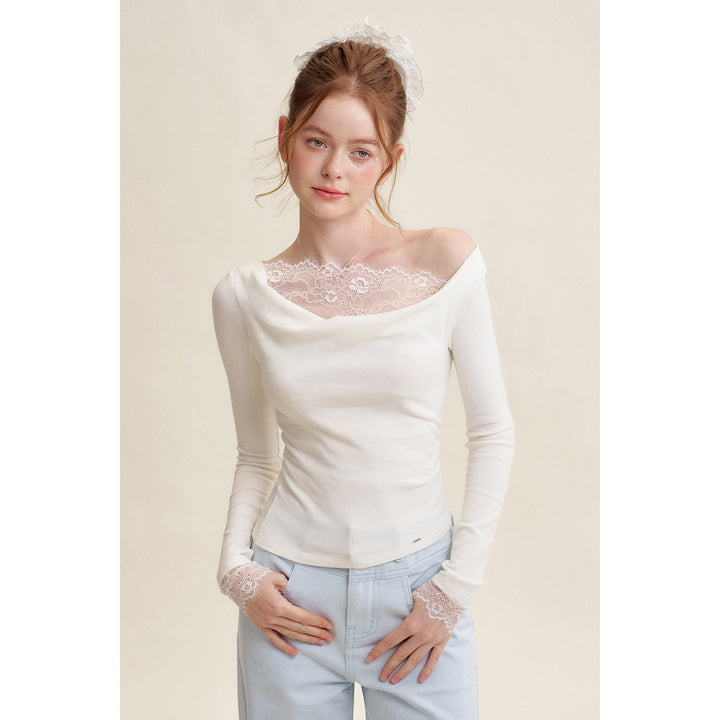 Kroche Lace Patchwork Wrinkle Diagonal Shoulder Top