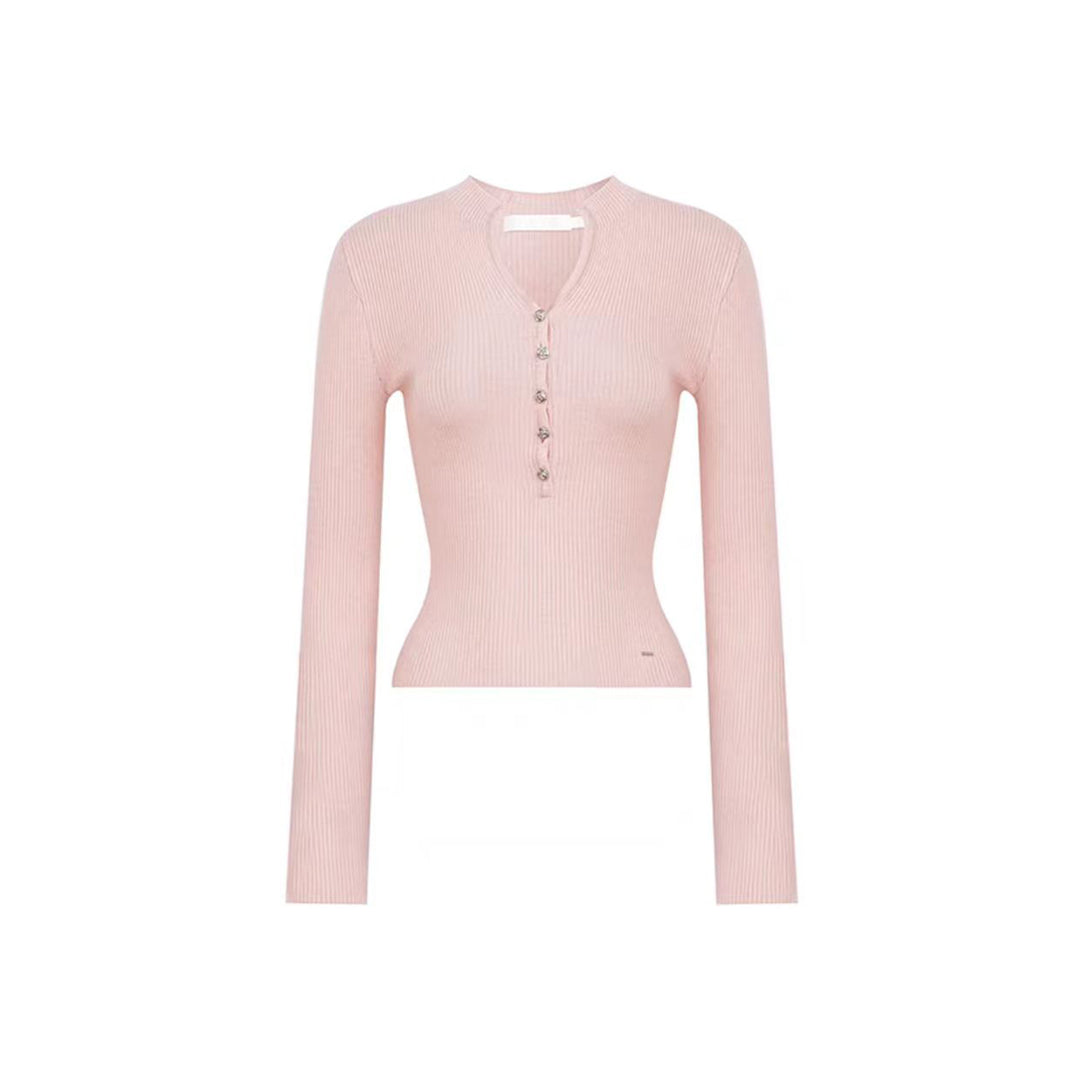 Kroche Rose Button V-Neck Knitted Top Pink