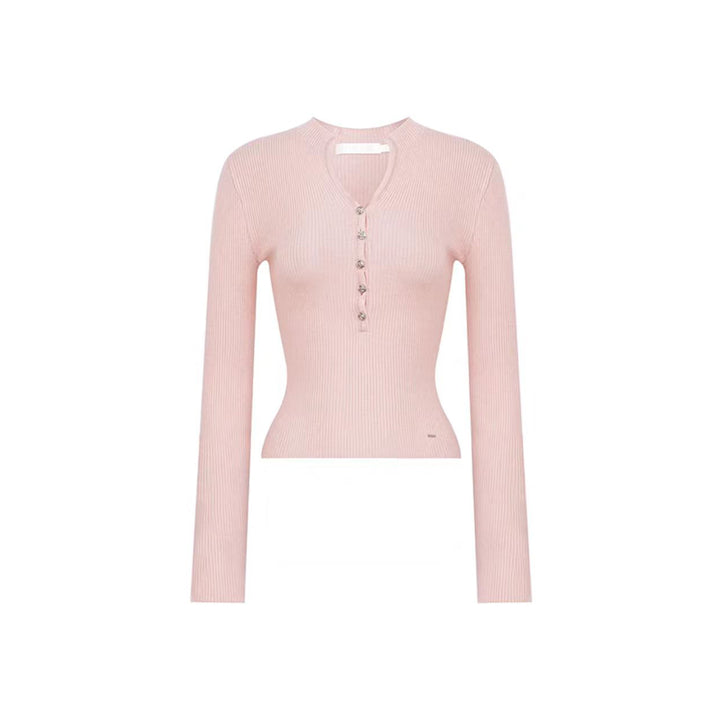 Kroche Rose Button V-Neck Knitted Top Pink