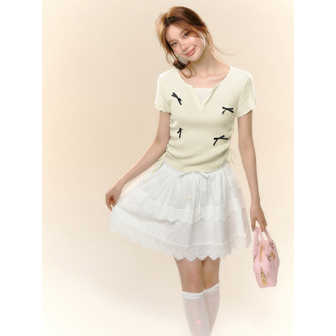 AsGony Fake-2-Piece Bow Tie Drawstring Knit Top Beige