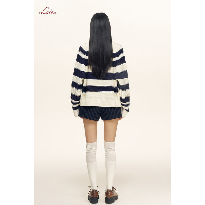 Liilou Contrast Color Striped Lapel V-Neck Knit Sweater