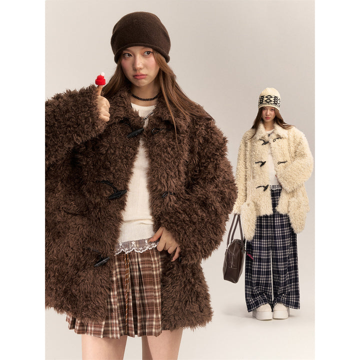 AsGony Horn Button Woolen Thicken Fur Coat Dark Brown