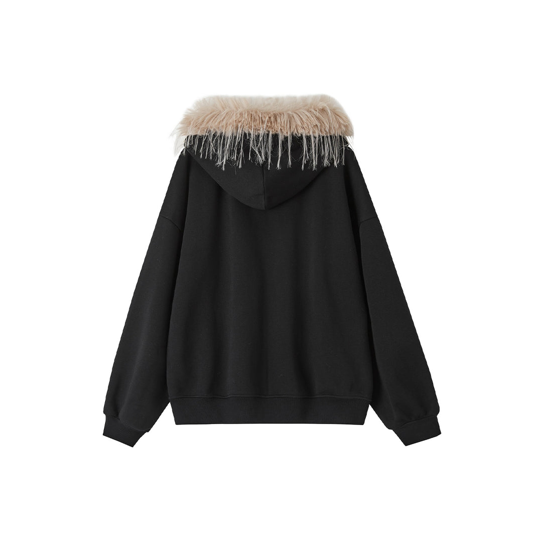 SomeSowe Detachable Fur Collar Hooded Top Jacket Black