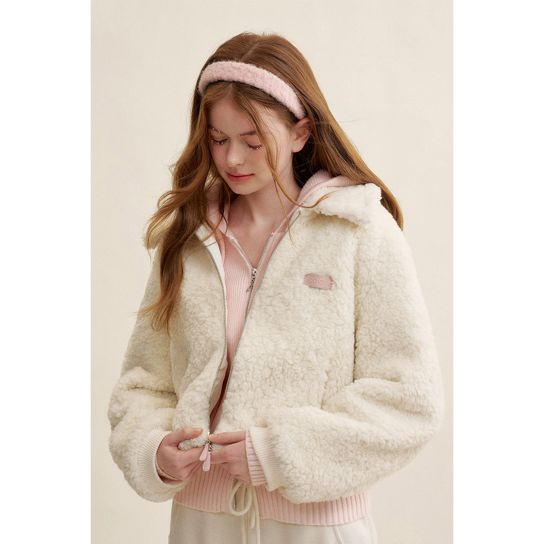 Kroche Lapel Double Zipper Woolen Fleece Jacket White