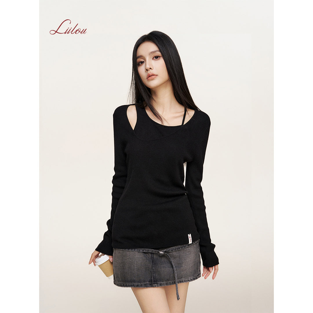 Liilou Fake-2-Piece Irregular Off-Shoulder Knit Top Black