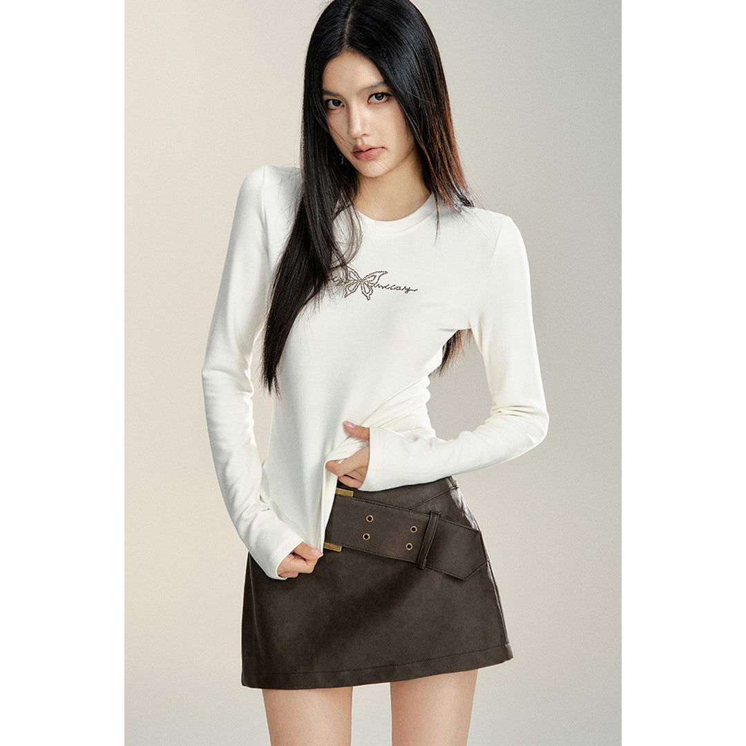 MacyMccoy Retro High-Waist Belt Leather Skirt Brown