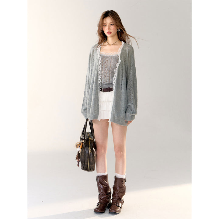 AsGony Lace Edge Hollow Cutting Knit Cardigan Gray