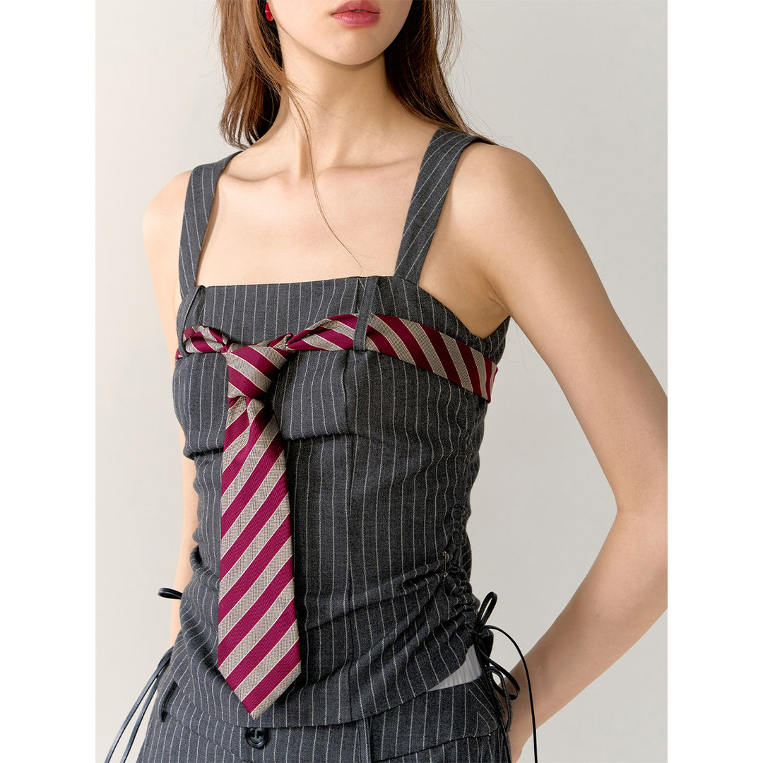 AsGony Striped Drawstring Pleated Vest