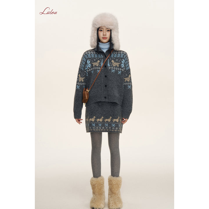 Liilou Fair Isle Jacquard Lapel Woolen Knit Cardigan