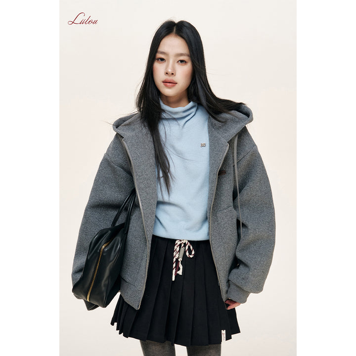 Liilou Tweed Zip Up Oversized Hoodie Gray