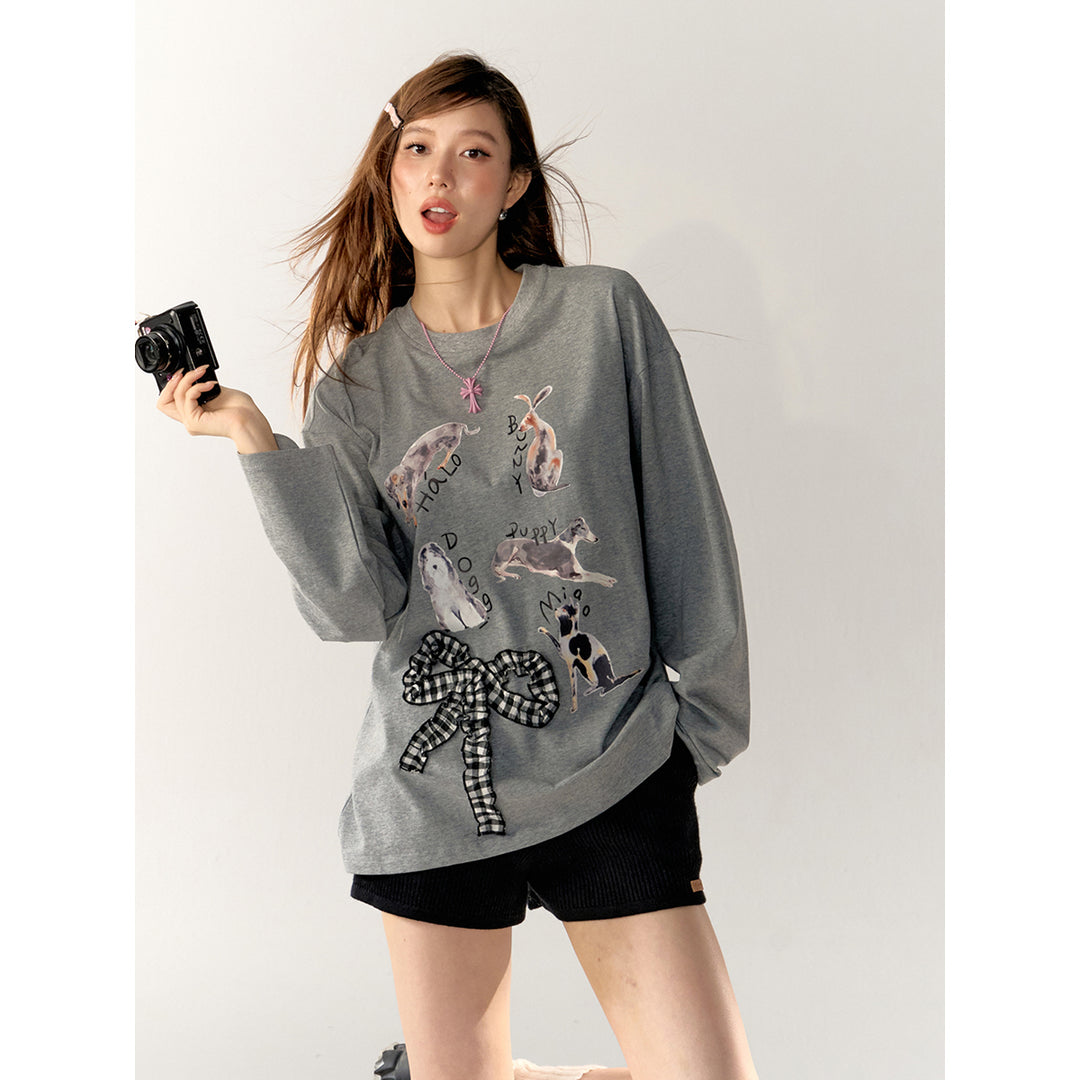 AsGony 3D Bow Knot Cartoon Casual L/S T-Shirt Gray